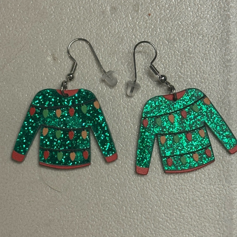 Festive Handmade Wooden Green Sweater Earrings